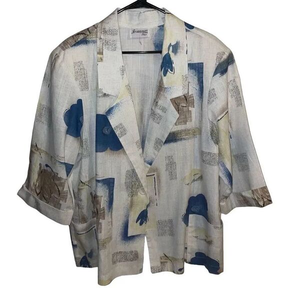 Jeanne Blue Beige Floral Linen Blend Short Sleeve Blazer Jacket - Picture 1 of 8